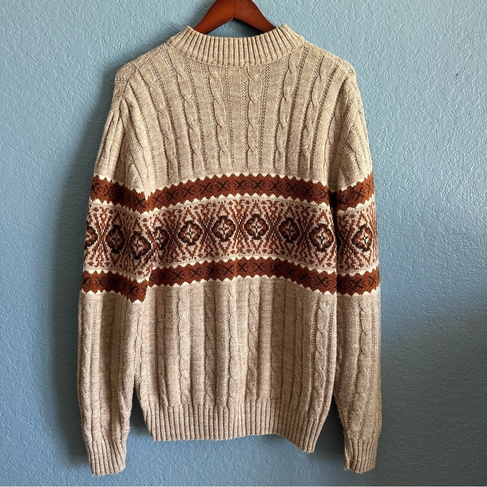 Jantzen Vintage Fair Isle Cable Knit Sweater USA Made Beige Brown Mens XL - Picture 3 of 11